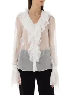 بلوزة من الشيفون بأكمام طويلة ورقبة مكشكشة