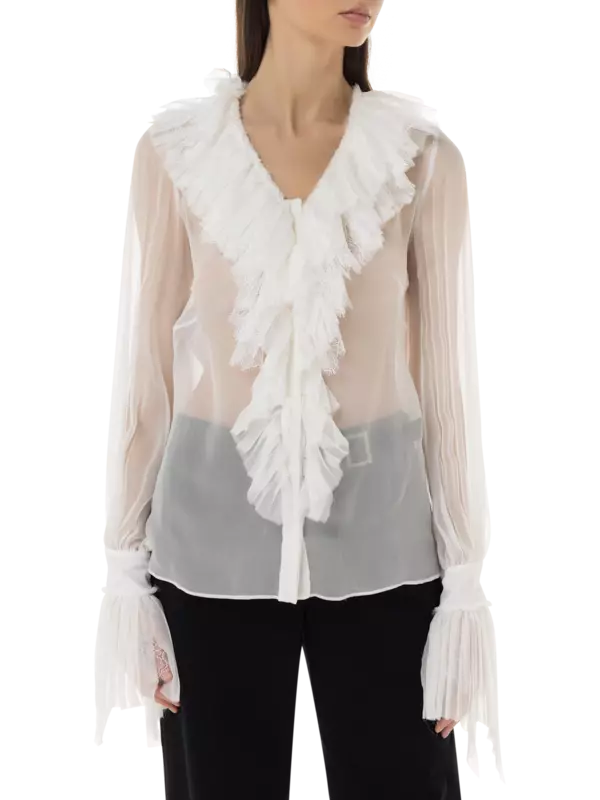 بلوزة من الشيفون بأكمام طويلة ورقبة مكشكشة