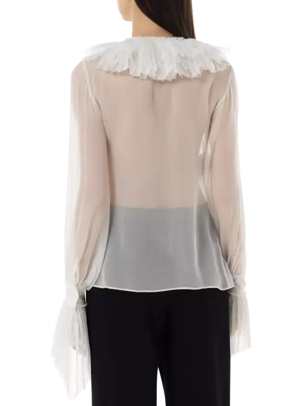 بلوزة من الشيفون بأكمام طويلة ورقبة مكشكشة