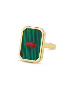 STERLING SILVER RING WITH MALACHITE AND ENAMEL