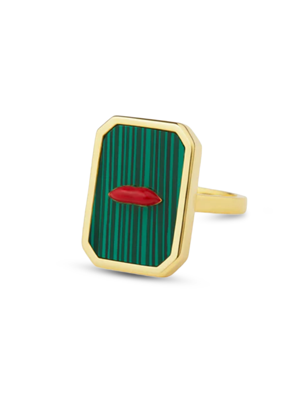 STERLING SILVER RING WITH MALACHITE AND ENAMEL