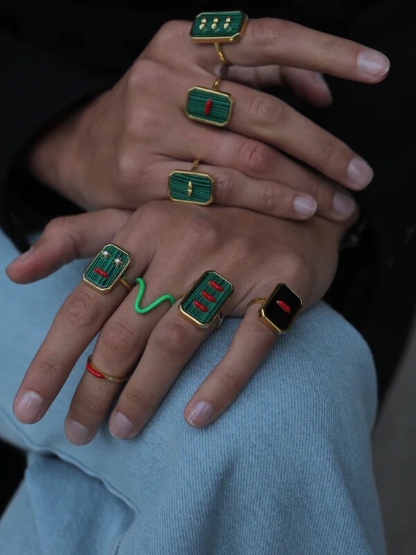 STERLING SILVER RING WITH MALACHITE AND ENAMEL