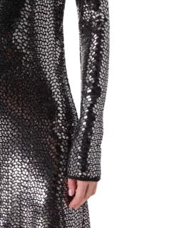 فستان طويل برقبة عالية مزين بالترتر