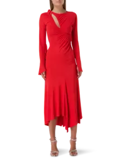 فستان متوسط الطول بقصة غير متساوية من قماش الجيرسيه المنسدل