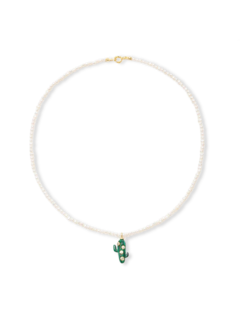 PEARL NECKLACE WITH MALACHITE CACTUS AND CRYSTALS