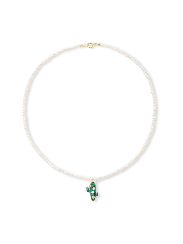 PEARL NECKLACE WITH MALACHITE CACTUS AND CRYSTALS