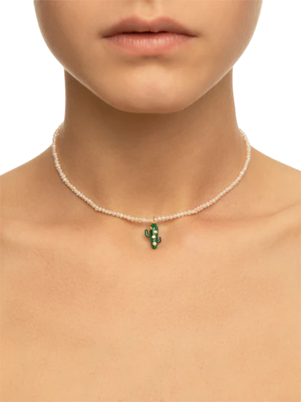 PEARL NECKLACE WITH MALACHITE CACTUS AND CRYSTALS