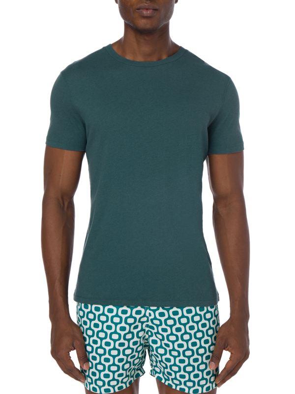 تيشيرت بقصة عادية وفتحة رقبة مستديرة من مزيج الكتان