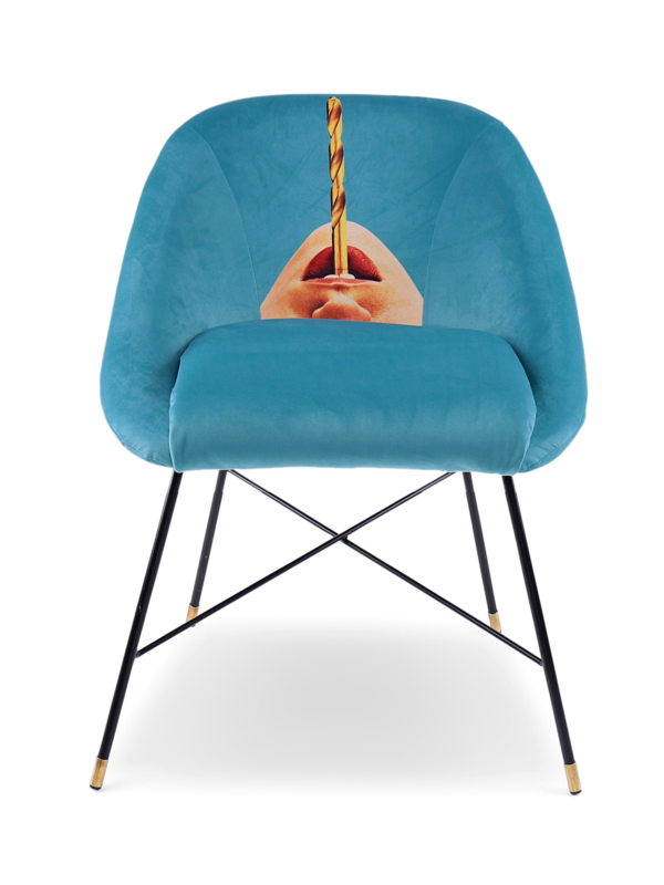 Suede Padded Chair with Lips and Straw Print