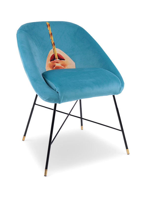 Suede Padded Chair with Lips and Straw Print