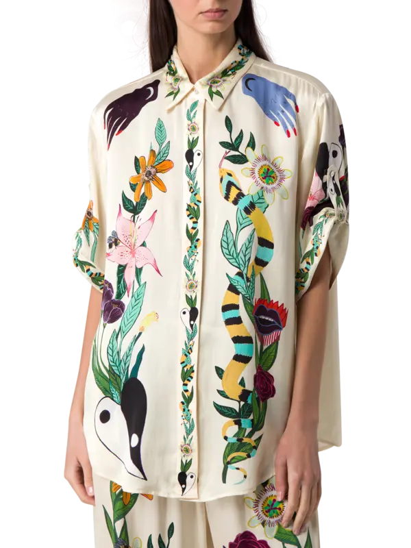 قميص ميغان حريري فضفاض بأكمام قصيرة