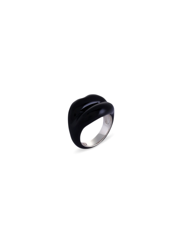 Hotlips Black Large Silver Lacquer Ring