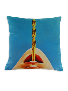 Comfortable Cushion with Mouth and Straw Print