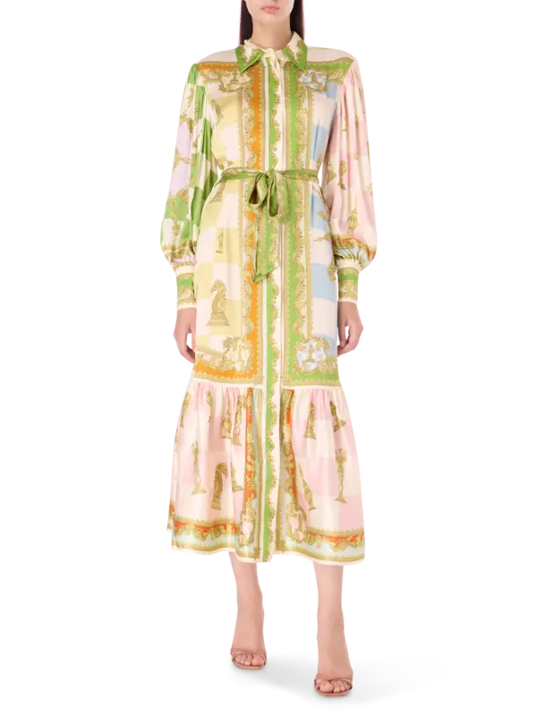 فستان بنمط قميص وأكمام طويلة من الحرير بنقشة مربعات