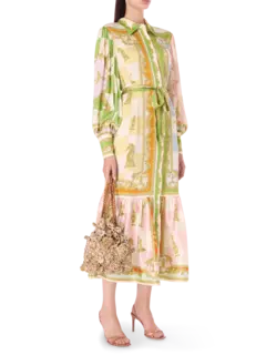 فستان بنمط قميص وأكمام طويلة من الحرير بنقشة مربعات