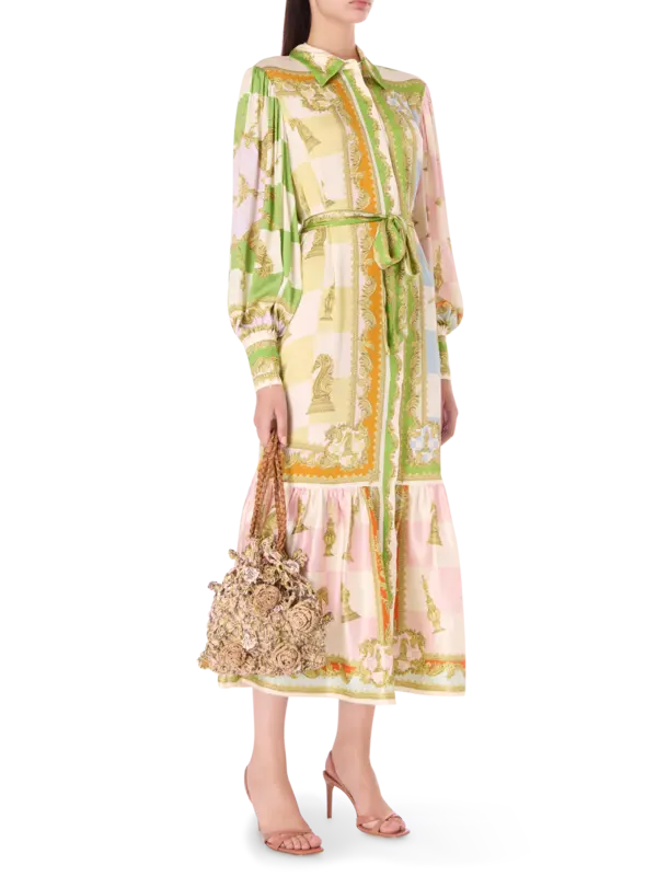 فستان بنمط قميص وأكمام طويلة من الحرير بنقشة مربعات