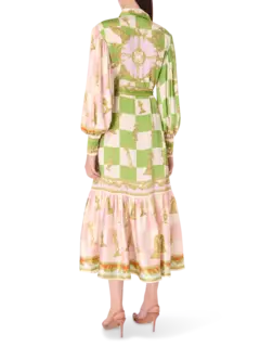 فستان بنمط قميص وأكمام طويلة من الحرير بنقشة مربعات