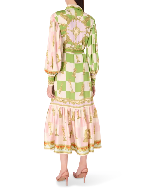 فستان بنمط قميص وأكمام طويلة من الحرير بنقشة مربعات