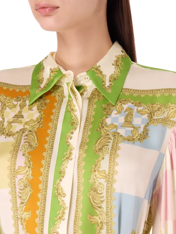 فستان بنمط قميص وأكمام طويلة من الحرير بنقشة مربعات