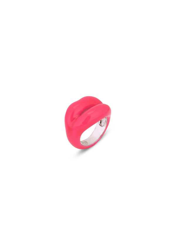 Hotlips NEON PINK LARGE Silver Lacquer ring