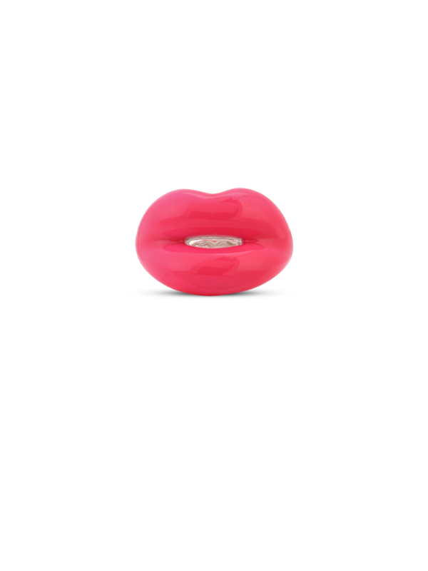 Hotlips NEON PINK LARGE Silver Lacquer ring