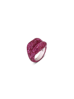 Hotlips GLITTER PINK LARGE Silver Lacquer ring