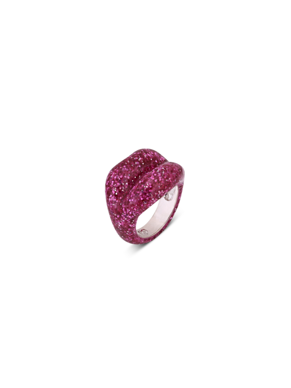 Hotlips GLITTER PINK LARGE Silver Lacquer ring