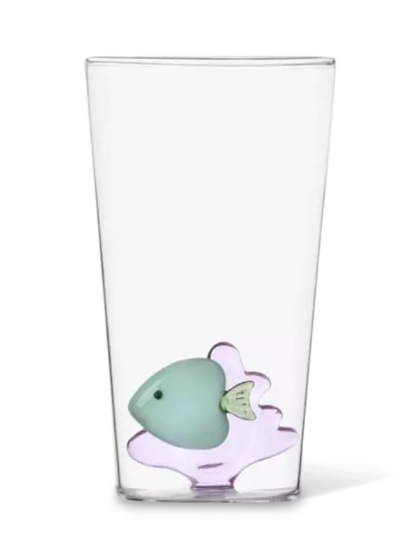 كوب مشروبات طويل مزين بتصميم أعشاب بحرية وردية وسمكة خضراء