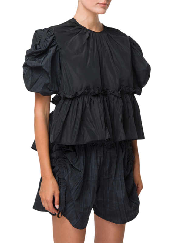 Flared Black Top with Short Puff Sleeves