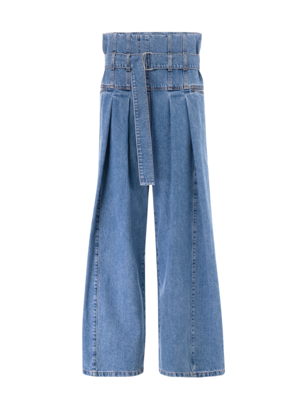 بنطال جينز بأرجل واسعة وخصر مكشكش