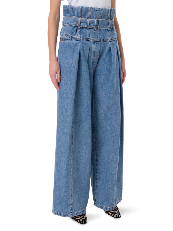 بنطال جينز بأرجل واسعة وخصر مكشكش