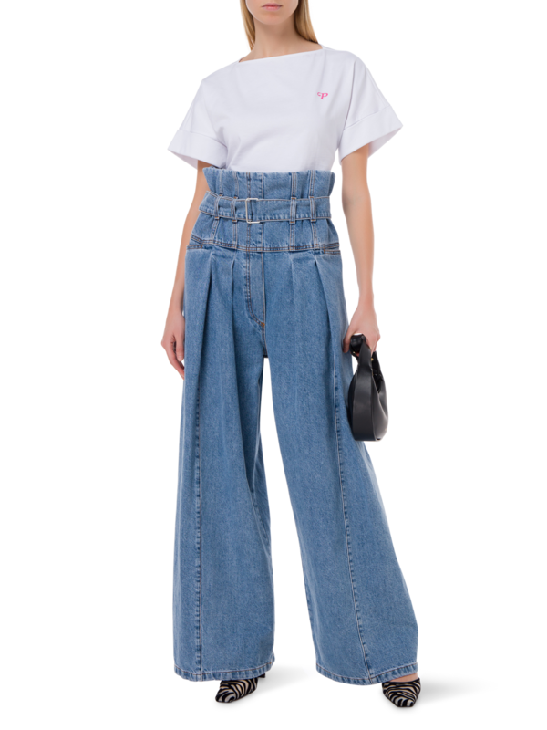 بنطال جينز بأرجل واسعة وخصر مكشكش