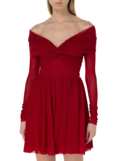 فستان قصير مطاطي بأكمام طويلة من التول