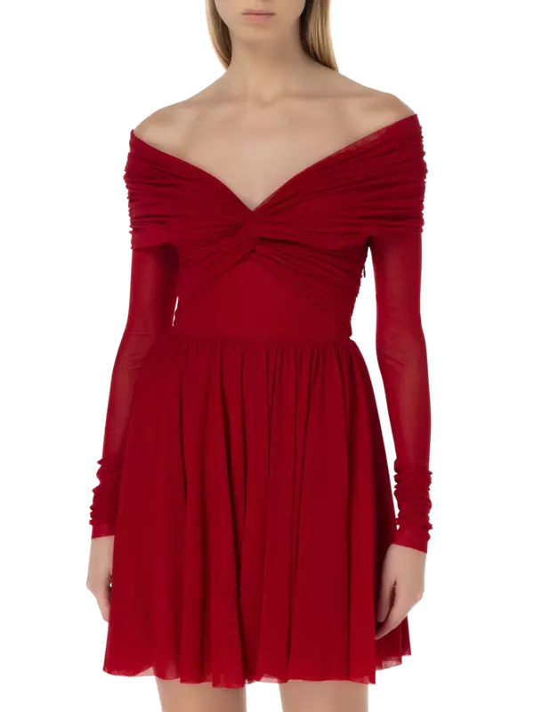 فستان قصير مطاطي بأكمام طويلة من التول