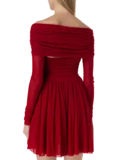 فستان قصير مطاطي بأكمام طويلة من التول