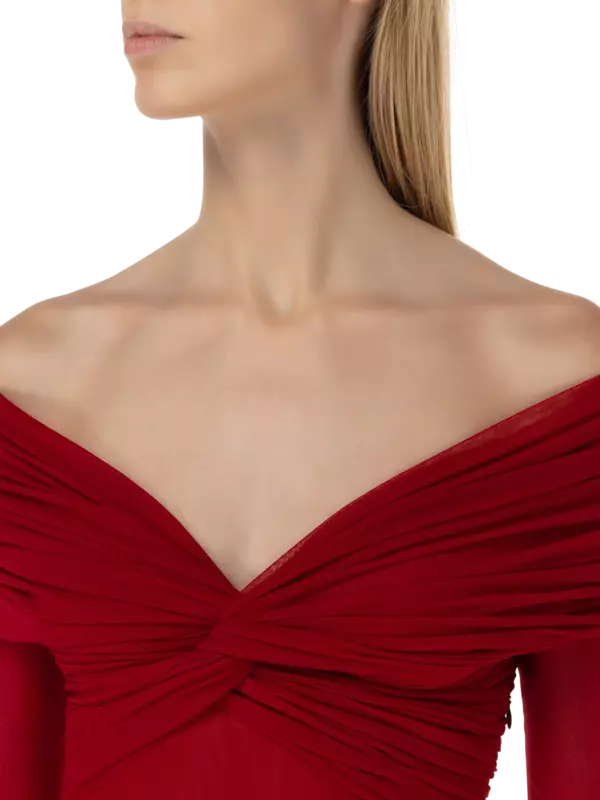 فستان قصير مطاطي بأكمام طويلة من التول