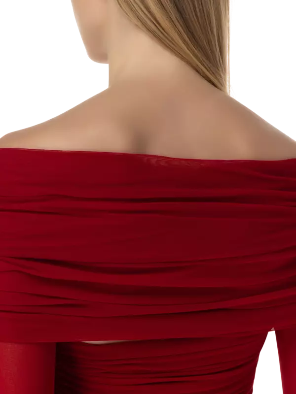 فستان قصير مطاطي بأكمام طويلة من التول