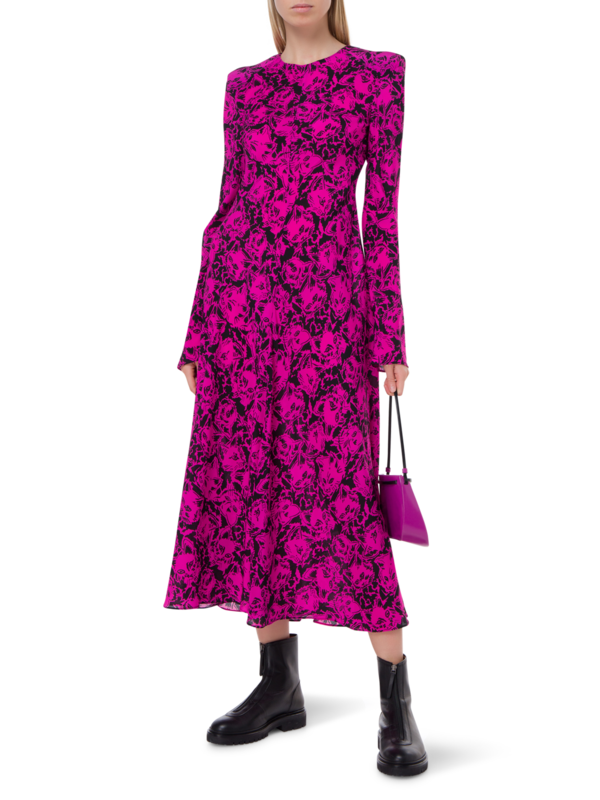 فستان متوسط الطول مزين بطبعة ومبطن على الكتف