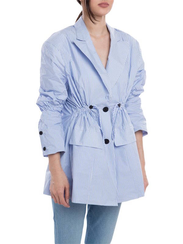 Blue and White Blazer with Cinched Waist