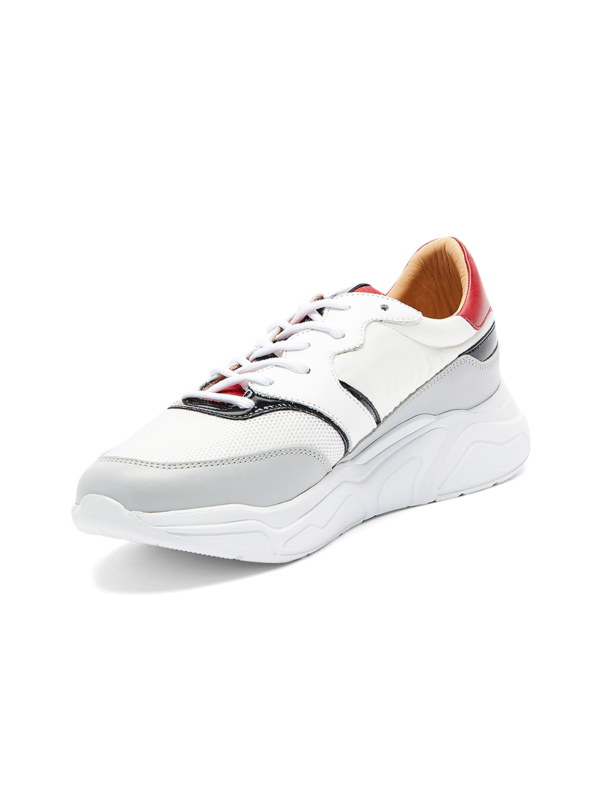 White/Red/Grey Panelled Lace-Up Sneakers
