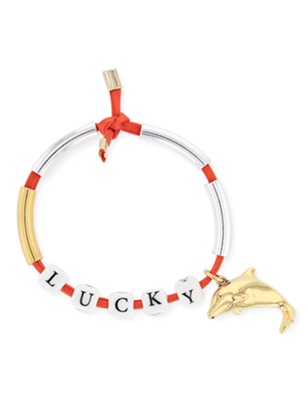 Orange Cord Bracelet with Pipe Beads, Letter Beads and Dolphin Pendant