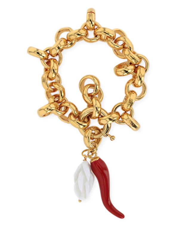 Gold Thick Chain Bracelet with Chili and Baroque Pearl Charms