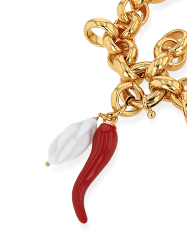 Gold Thick Chain Bracelet with Chili and Baroque Pearl Charms