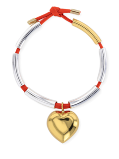 Orange Cord Bracelet with Silver and Gold Pipe Beads and Heart Pendant