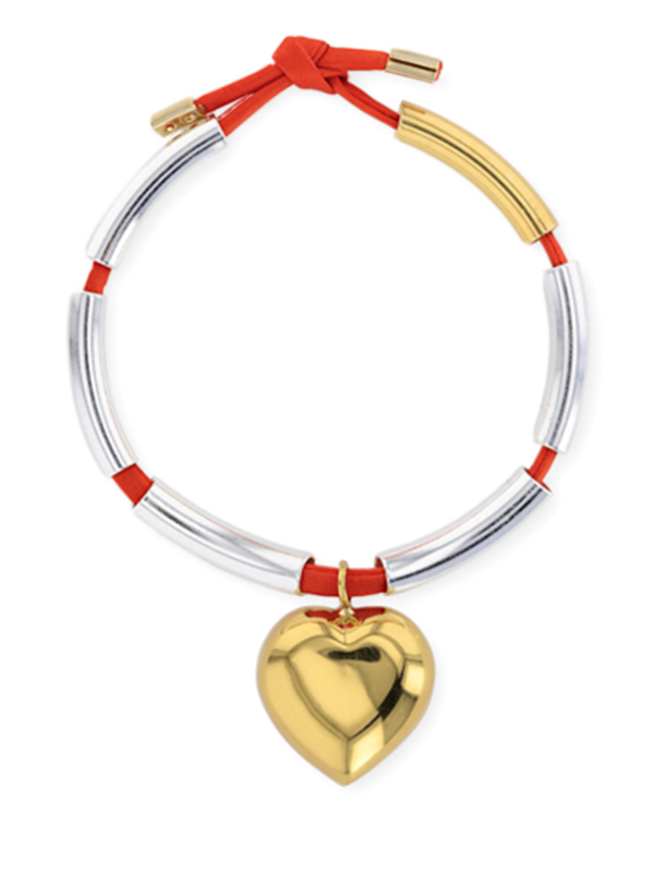 Orange Cord Bracelet with Silver and Gold Pipe Beads and Heart Pendant