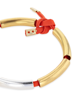 Orange Cord Bracelet with Silver and Gold Pipe Beads and Ball Pendant