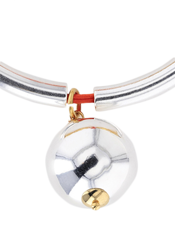Orange Cord Bracelet with Silver and Gold Pipe Beads and Ball Pendant