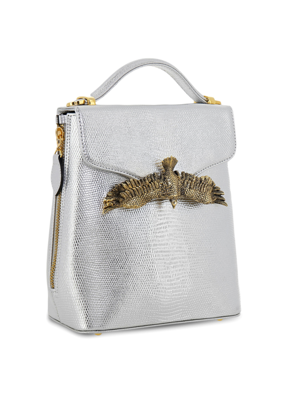 Textured Silver Backpack with Eagle Embellishment