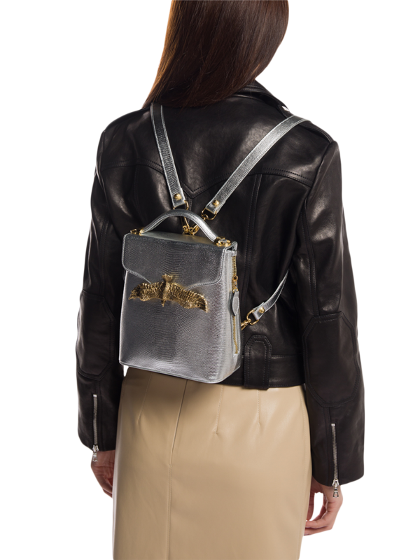 Textured Silver Backpack with Eagle Embellishment