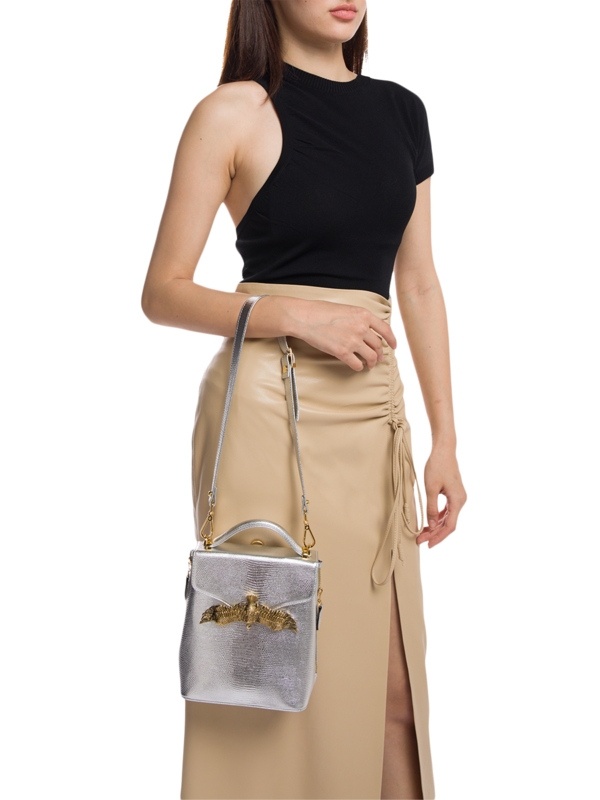 Textured Silver Backpack with Eagle Embellishment